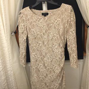 Tahari long sleeve, laced, dress in beige